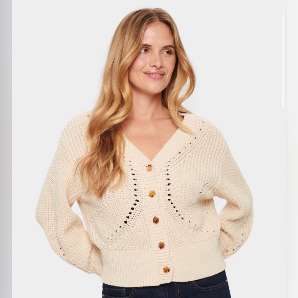 SAINT TROPEZ‎ Wool Blend Cream Knit Boho Workwear Cardigan Size M